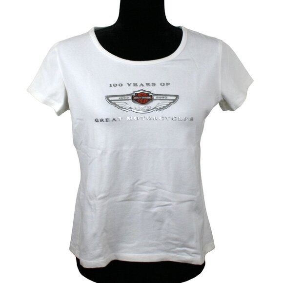 Harley-Davidson Tops - Vintage Women's Harley-Davidson White Top 100 Years of Great Motorcycles Size M